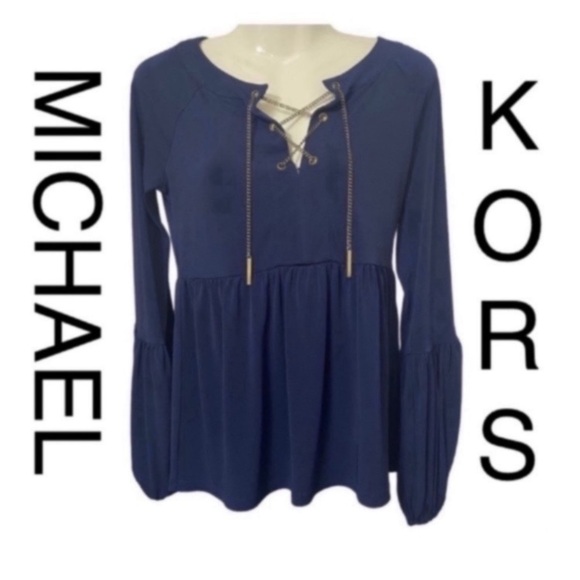 MICHAEL, Michael Kors Designer Women’s Navy Blue Gold Chain Lace-Up Blouse XS - Picture 1 of 11